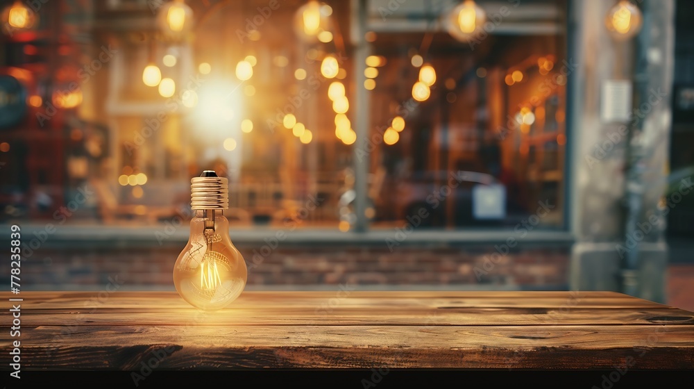 Aufkleber generative ai : wooden table top on blurred shop window of cafe with light bulb. background for prod