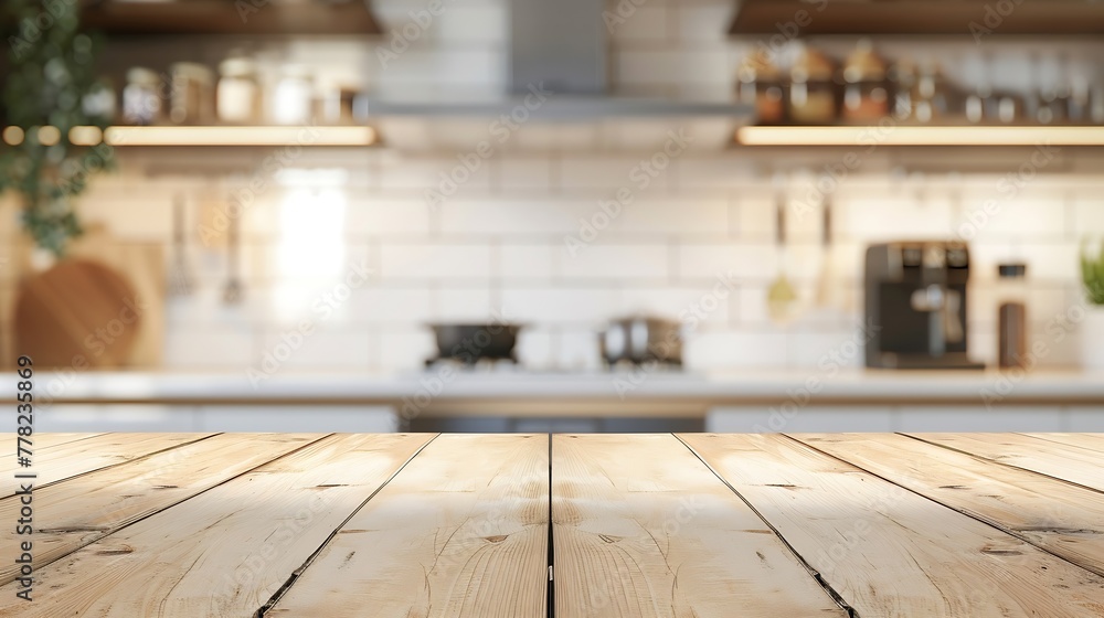 Poster generative ai : empty beautiful wood table top counter and blur bokeh modern kitchen interior backgr