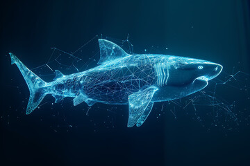 wireframe shark against radiant translucent backdrop, perfect for futuristic designs and underwater concepts.