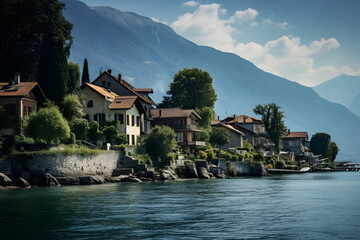 Naklejka premium italian mountain town near a lake, italian mountain town, town in italy