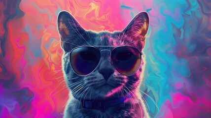cool cat with sunglasses on colorful background. ultra realistic on a vibrant background Generative AI - obrazy, fototapety, plakaty