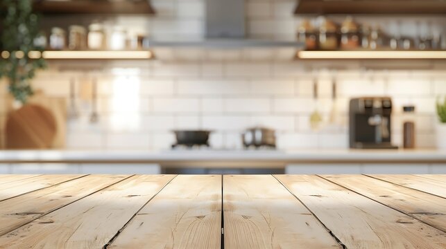Generative AI : Empty beautiful wood table top counter and blur bokeh modern kitchen interior background in clean