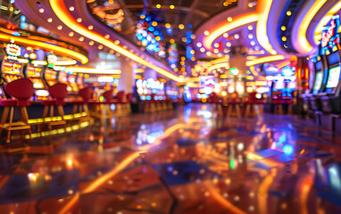 Fototapeta na wymiar Long exposure abstract Blurred image of slots machines in purple casino. generative ai