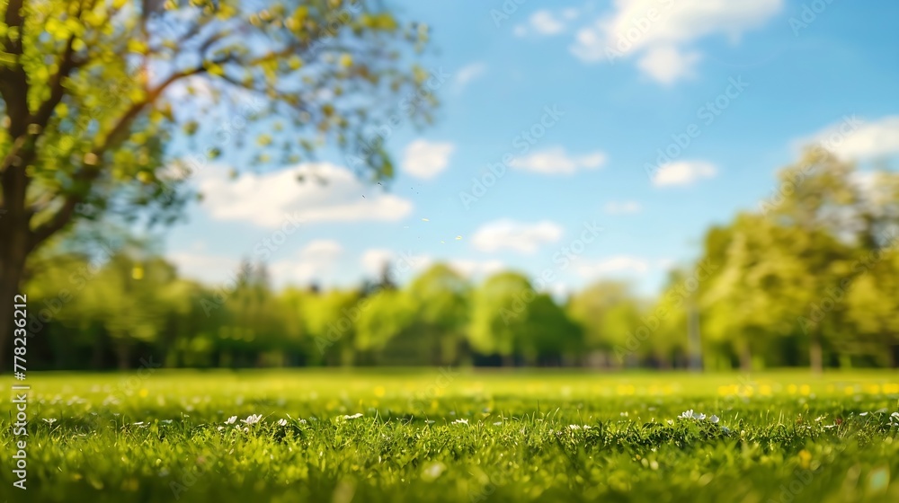 Aufkleber Generative AI : Beautiful blurred background image of spring nature with a neatly trimmed lawn surrounded