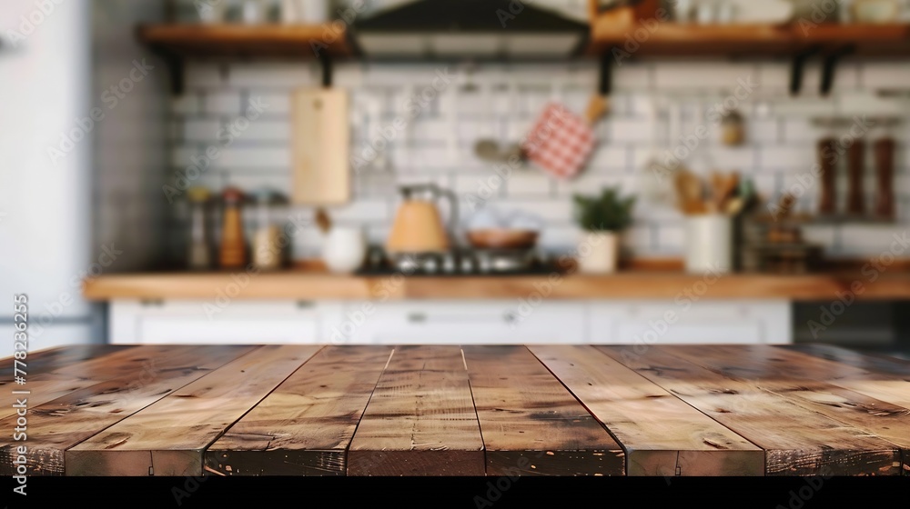 Poster Generative AI : Wood table top on blurred kitchen background. can be used mock up for montage products display or design layout