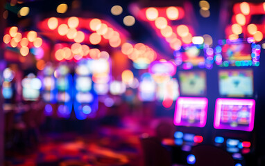 Long exposure abstract Blurred image of slots machines in purple casino. generative ai