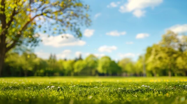 Generative AI : Beautiful blurred background image of spring nature with a neatly trimmed lawn surrounded