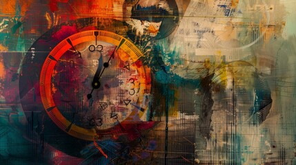 This visually striking image features a clock face merging with vibrant, abstract brush strokes and textures, epitomizing the concept of time