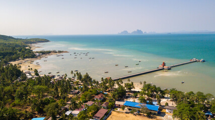 aerial view of koh mook or muk island with Pier.It is a small idyllic island in the Andaman Sea in the south of Thailand.