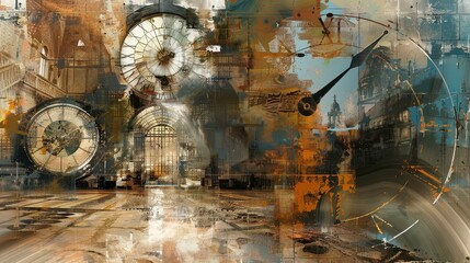 This artwork blends time and architecture through surreal imagery, creating a sense of historical evolution with various clocks and buildings