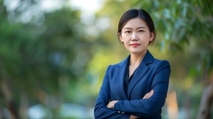 Generative AI : Portrait of Asian business woman in blue suit stand on blurry background.