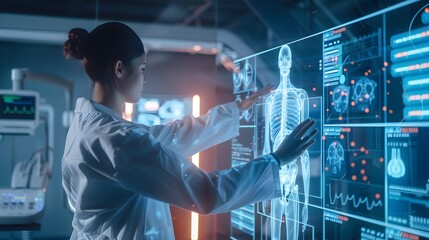 Medical professional interacting with advanced diagnostic interface for shoulder rehabilitation, highlighting precision medicine