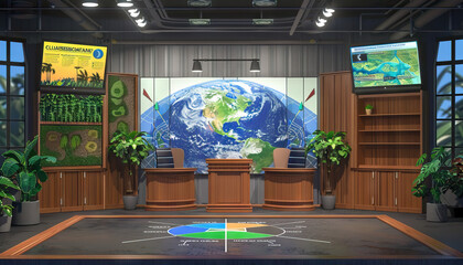 Climate Science Talk Show Set: Set with climate science-themed decor, weather patterns, and a backdrop featuring climate change research and environmental data - obrazy, fototapety, plakaty