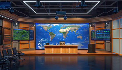 Climate Science Talk Show Set: Set with climate science-themed decor, weather patterns, and a backdrop featuring climate change research and environmental data - obrazy, fototapety, plakaty