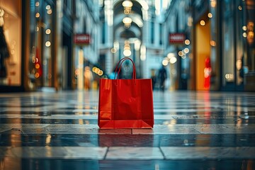 a red shopping bag sitting on a wet floor
