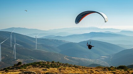 Generative AI : Paragliding between wind turbines in Anoia, Barcelona, Spain