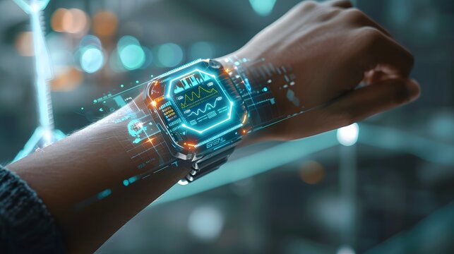 Futuristic smartwatch on wrist with holographic display of health stats, showcasing wearable technology in health monitoring