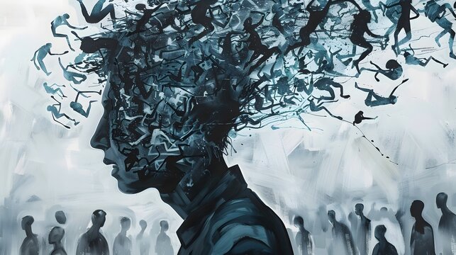 Conceptual artwork of a figure with a fragmented mind among a crowd, depicting the disintegration of thoughts and identity