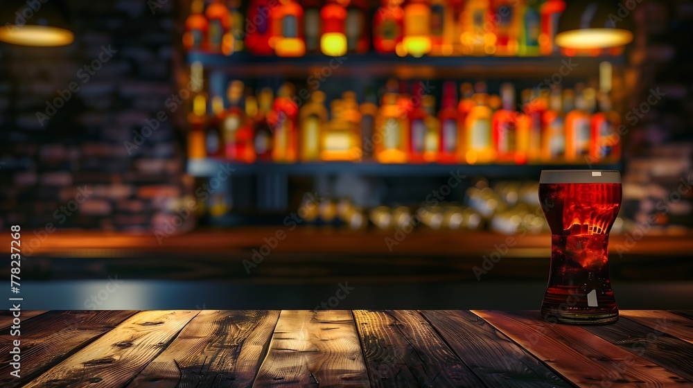 Poster Generative AI : Liquor bar background in softfocus with woonden table