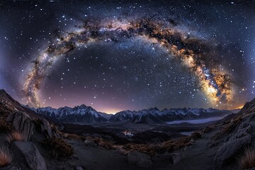 Celestial scene with the Milky Way arching across the night sky, illuminated by ethereal light from...