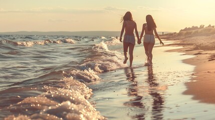 Generative AI : Two girls relax on the beach and walks the sea waves on a sunny summer - Powered by Adobe