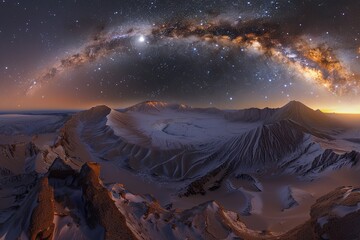 Celestial scene with the Milky Way arching across the night sky, illuminated by ethereal light from...