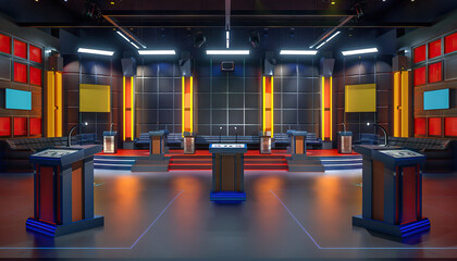 Game Show Set: An elaborate game show set with podiums, buzzers, and a large audience area, ready for contestants to compete