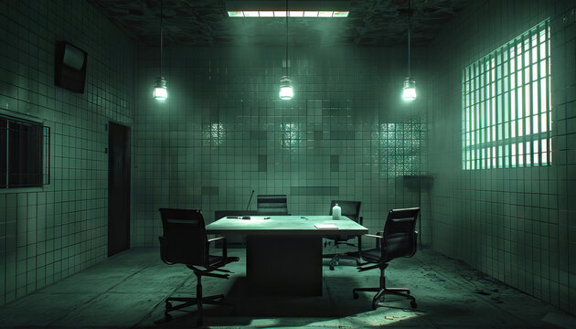 Crime Drama Interrogation Room: A stark, dimly-lit room with a table and chairs, set up for intense interrogation scenes