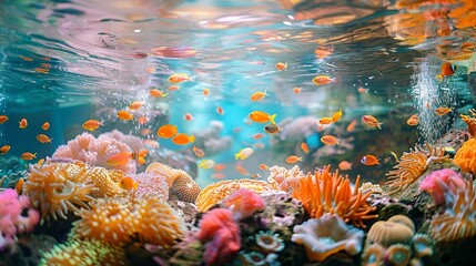 Earthformed water tank, marine life inside, on a soft pastel background, wide lens, topdown view, gentle morning glow