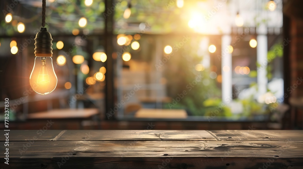 Aufkleber generative ai : wooden table top on blurred shop window of cafe with light bulb. background for prod