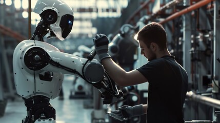Generative AI : Mechanized industry robot and human worker working together in future factory . Concept of artificial intelligence