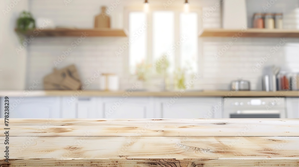 Poster generative ai : empty beautiful wood table top counter and blur bokeh modern kitchen interior backgr