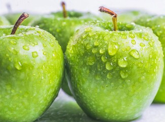 Fresh green apples macro photography isolated on white background. Closeup of water drops on them.