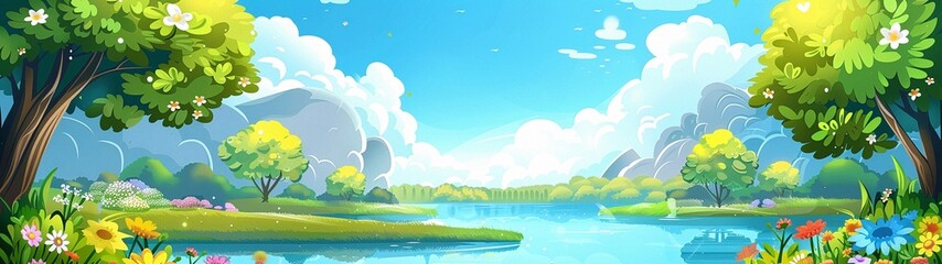 A large-format background with a spring and summer landscape. The awakening of Nature