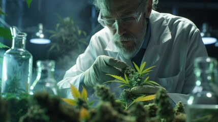 Scientist examining marijuana plant in glass jar in laboratory setting