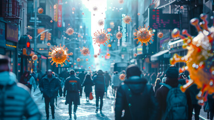 a crowd of people walking down a street with icon Bacterias floating in the air