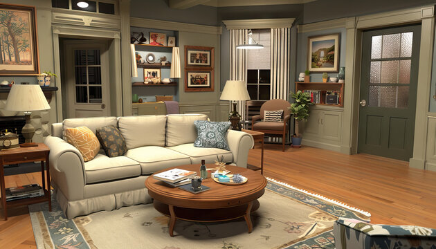 Sitcom Living Room Set: A cozy living room with a sofa, coffee table, and props, waiting for the actors to bring it to life