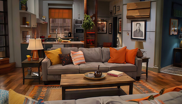 Sitcom Living Room Set: A cozy living room with a sofa, coffee table, and props, waiting for the actors to bring it to life