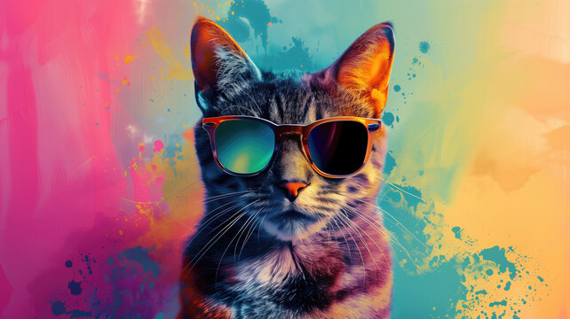cool cat with sunglasses on colorful background. ultra realistic on a vibrant background Generative AI