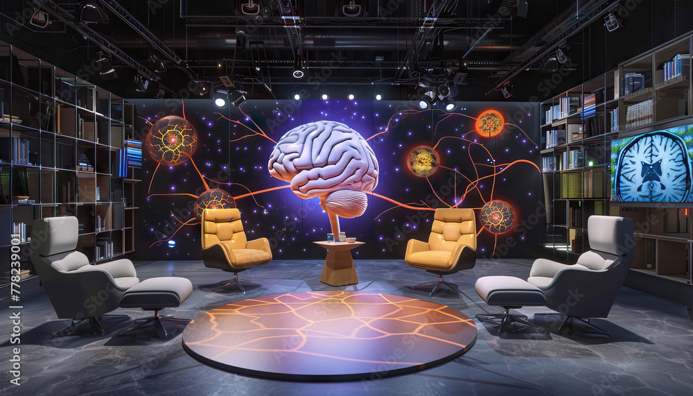 Poster neuroscience talk show studio: set with neuroscience-themed decor, brain models, and a backdrop feat