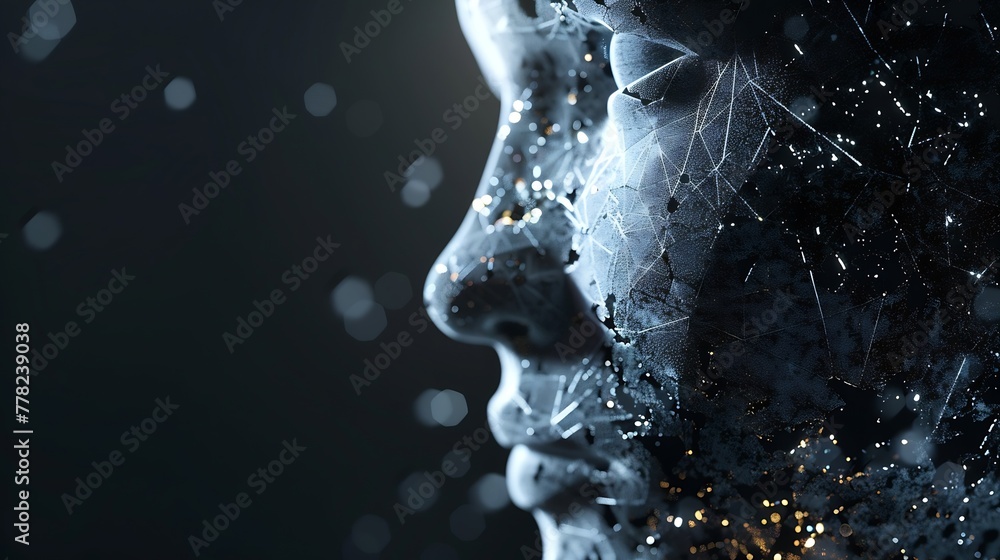 Fototapete Generative AI : Abstract digital human face. Artificial intelligence concept of big data or cyber security. 3D illustration