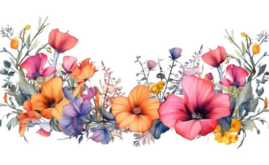 Illustration watercolor Floral Blossom Background with Leaves, floral border, on transparent background with png file. Cut out background.