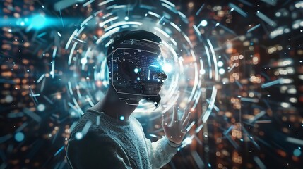 Fototapeta premium Generative AI : Man technology future lifestyle, digital marketing IOT internet of thing future AI technology smart device social network