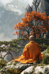 A rear view of a monk meditating at the peak of a mountain