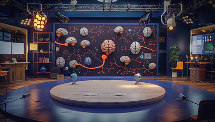 Neuroscience Talk Show Studio: Set with neuroscience-themed decor, brain models, and a backdrop featuring neural pathways and brain imaging