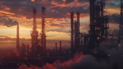 Obraz premium Generative AI : Petrochemical Industrial. Oil refinery and Oil industry at sunset/sunrises. Space for add text