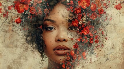 Creative digital collage artwork showcasing a woman's portrait transformed with artistic floral embellishments.