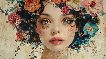 Innovative collage artwork depicting a young woman's portrait embellished with colorful floral motifs.