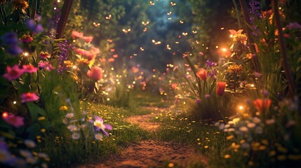 A beautiful, colorful, and peaceful scene of a garden with a path leading through it. The flowers are in full bloom, and the grass is lush and green. The atmosphere is serene and calming
