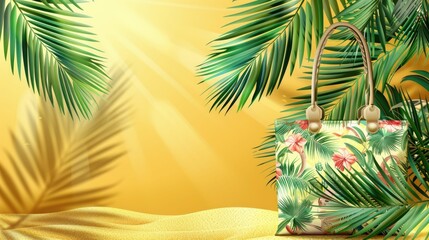 Fototapeta na wymiar Vibrant Tropical Summer Sale Beach Special Offer with Palm Leaf Adorned Bag on Sunlit Sand